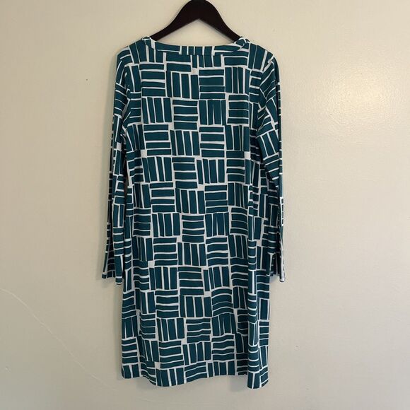 GARNET HILL Organic-Cotton Knit Henley Gown, Teal Geometric- XS - Picture 8 of 9